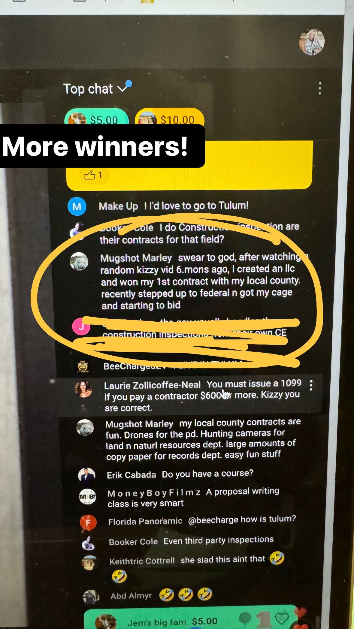 A screenshot of a social media post showing a list of comments. One highlighted comment discusses starting a business after watching a video 6 months ago and gaining a contract with the local county.