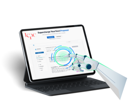 A robotic hand interacts with a tablet displaying a document editing interface titled "Supercharge Your Next Proposal" from KYP. The tablet is mounted on a keyboard stand.