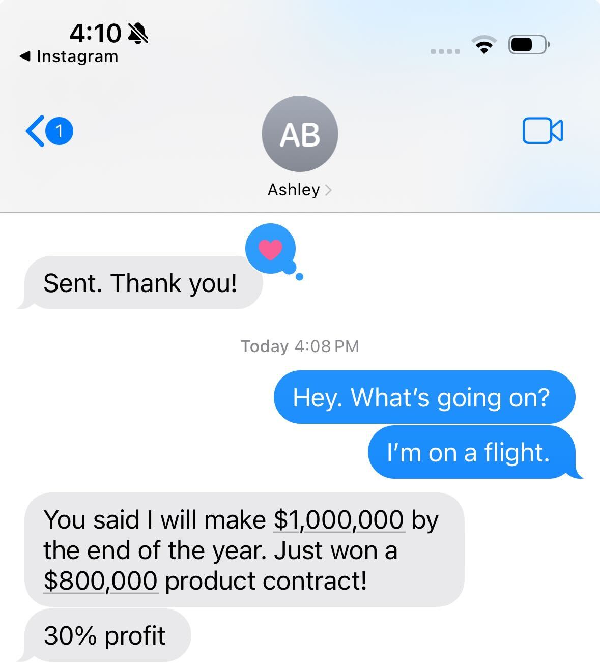 Text message exchange where one person informs another about winning an $800,000 product contract with 30% profit, while the other person mentions being on a flight.