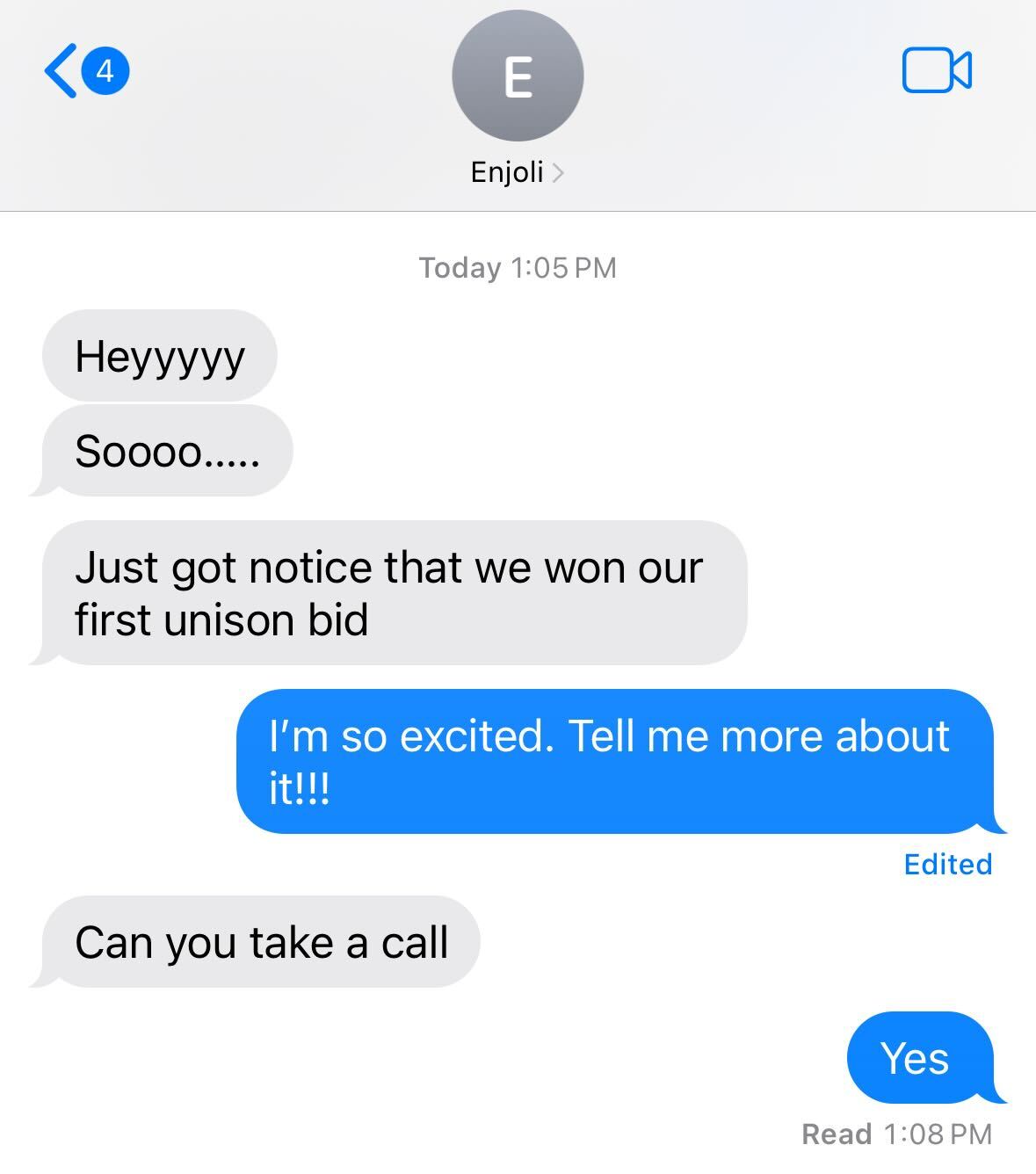 Screenshot of a text conversation where Enjoli shares the news about winning a unison bid and asks if the recipient can take a call. The recipient responds with excitement and agrees to take a call.