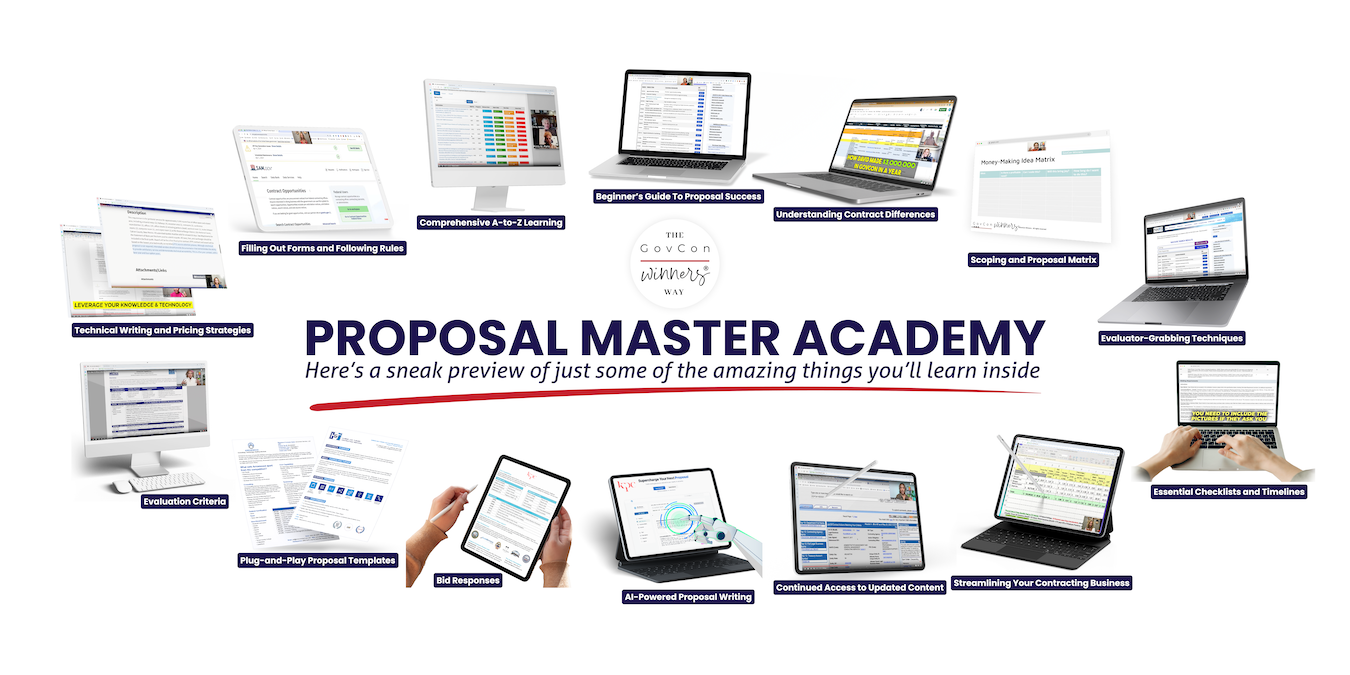 A collage of various computer and tablet screens showcasing different proposal preparation tools and resources. The text reads, "Proposal Master Academy: A sneak preview of the amazing things you'll learn inside.