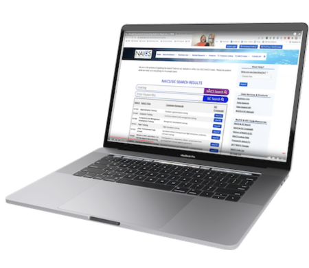 A laptop displaying a NAICS search results page with various industry classifications listed.