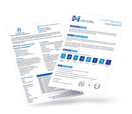 Two professional documents laid out on a flat surface displaying text, logos, and icons related to Arrowwood and Harding and Turner Consulting Services.