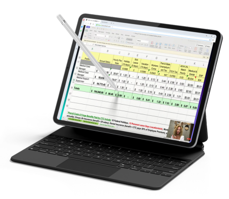 Tablet with a keyboard displaying a spreadsheet and a stylus pen pointing at the screen.