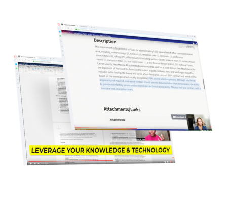 A computer screen showing a document with text and links, along with a video call window in the corner. The text on the image reads, "LEVERAGE YOUR KNOWLEDGE & TECHNOLOGY.