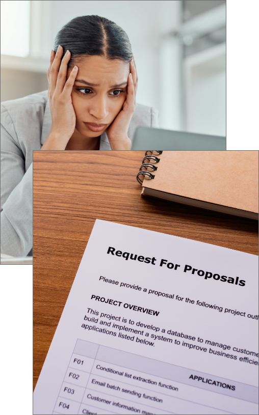 A person looks concerned while staring at a document titled "Request For Proposals" which includes project overview and application details.